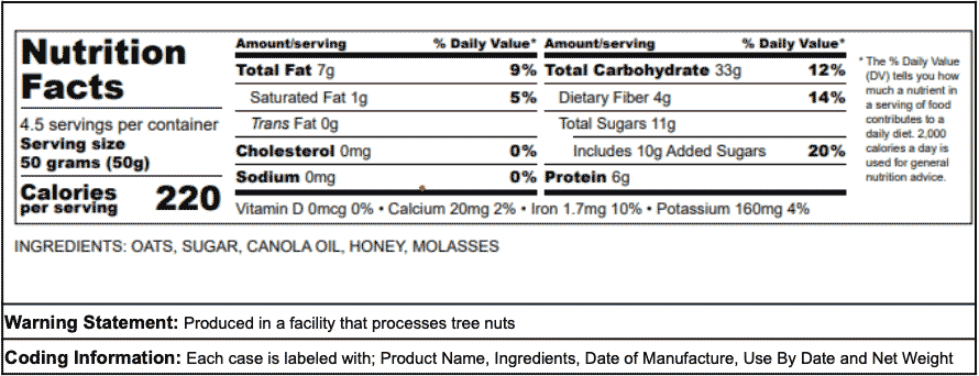 Screenshot of nutritional information for Granola