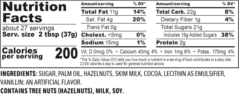Screenshot of nutritional information for Nutella