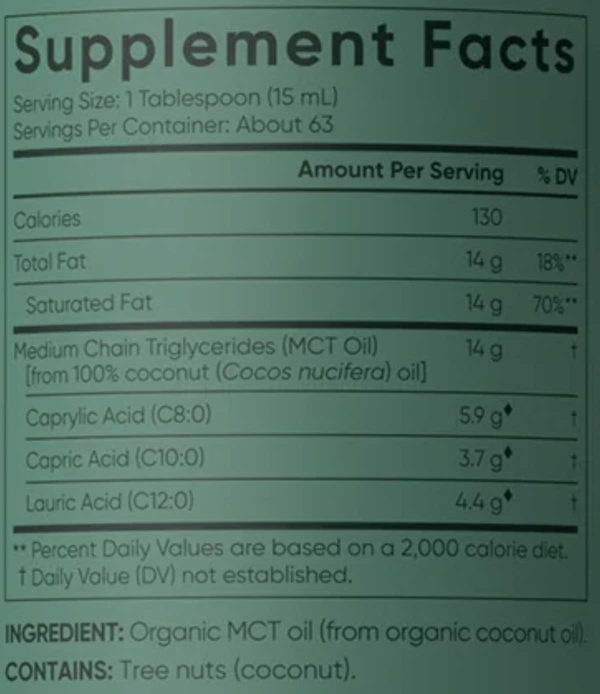 Screenshot of nutritional information for MCT Oil