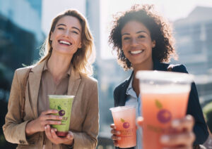 Two co-workers holding Movita Juices