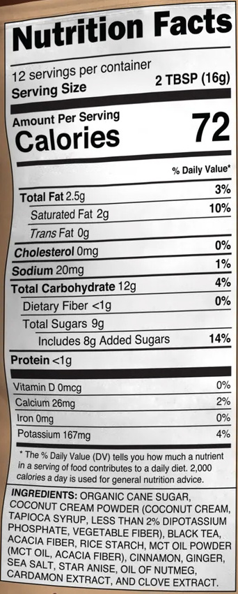Screenshot of nutritional information for Chai Mix