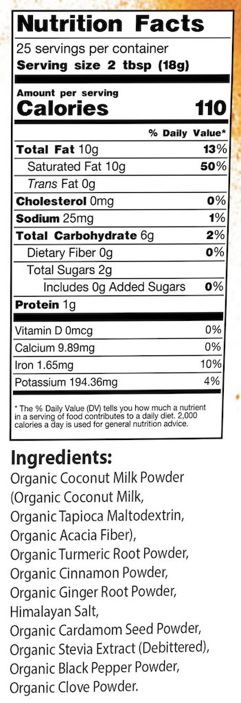 Screenshot of nutritional information for Organic Golden Milk Blend