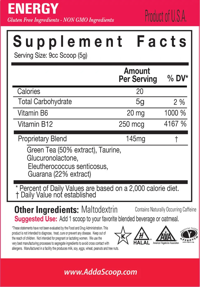Screenshot of nutritional information for Clean Energy